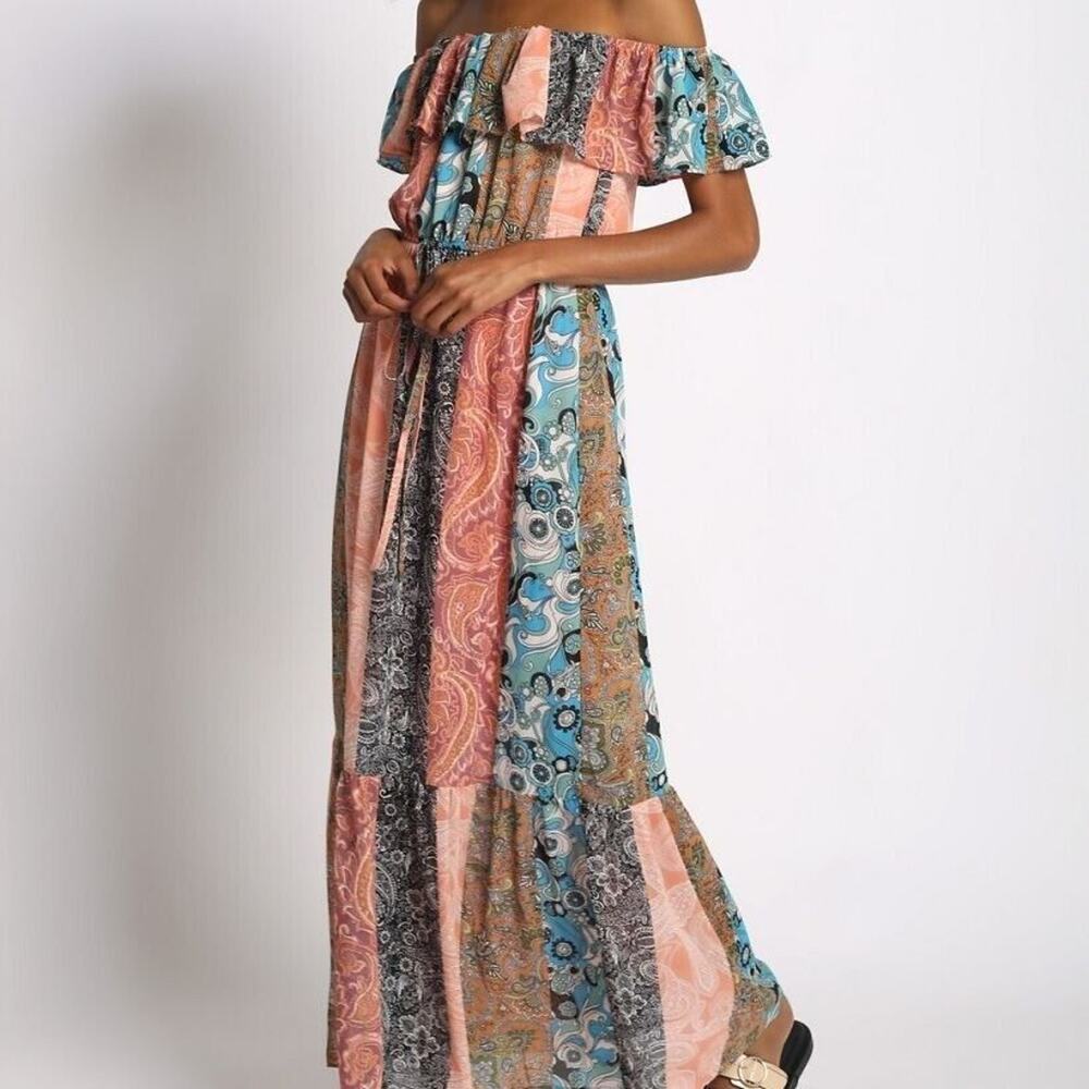 NWOT Sans Souci Off Shoulder Patch Print Maxi Dress Elastic Tie Waist L Tan Blue